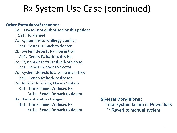 Rx System Use Case (continued) Other Extensions/Exceptions 1 a. Doctor not authorized or this