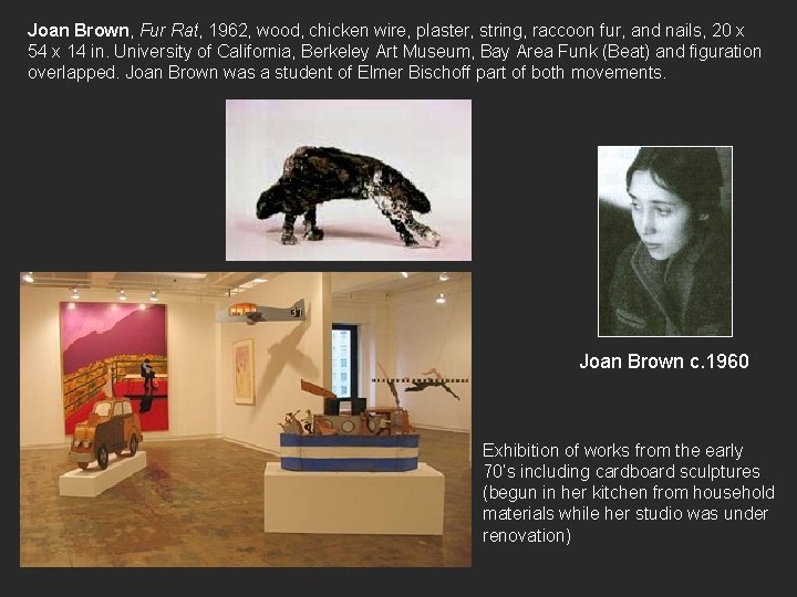Joan Brown, Fur Rat, 1962, wood, chicken wire, plaster, string, raccoon fur, and nails,
