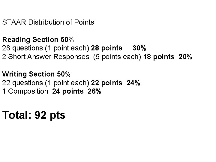 STAAR Distribution of Points Reading Section 50% 28 questions (1 point each) 28 points