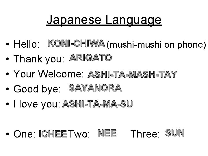 Japanese Language • • • Hello: KONI-CHIWA (mushi-mushi on phone) Thank you: ARIGATO Your Japanese Language • • • Hello: KONI-CHIWA (mushi-mushi on phone) Thank you: ARIGATO Your
