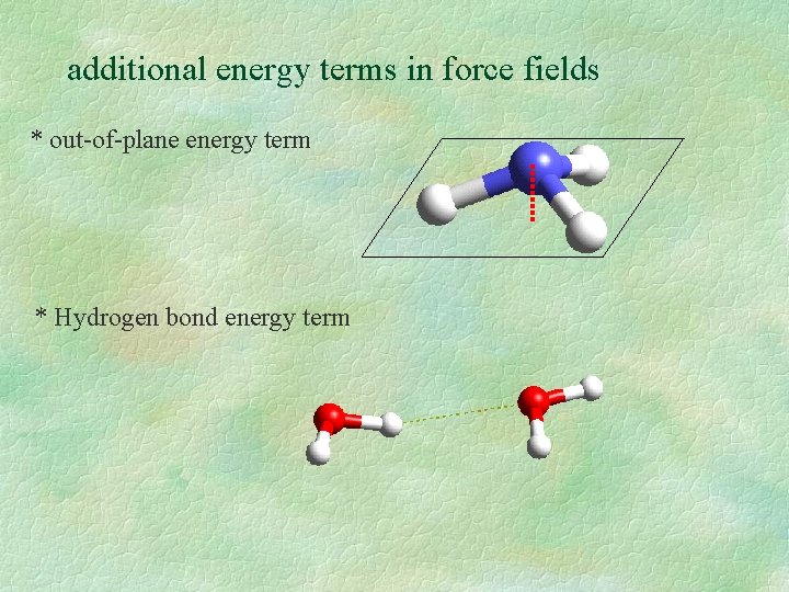 additional energy terms in force fields * out-of-plane energy term * Hydrogen bond energy