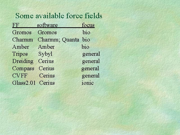 Some available force fields FF software Gromos Charmm; Quanta Amber Tripos Sybyl Dreiding Cerius