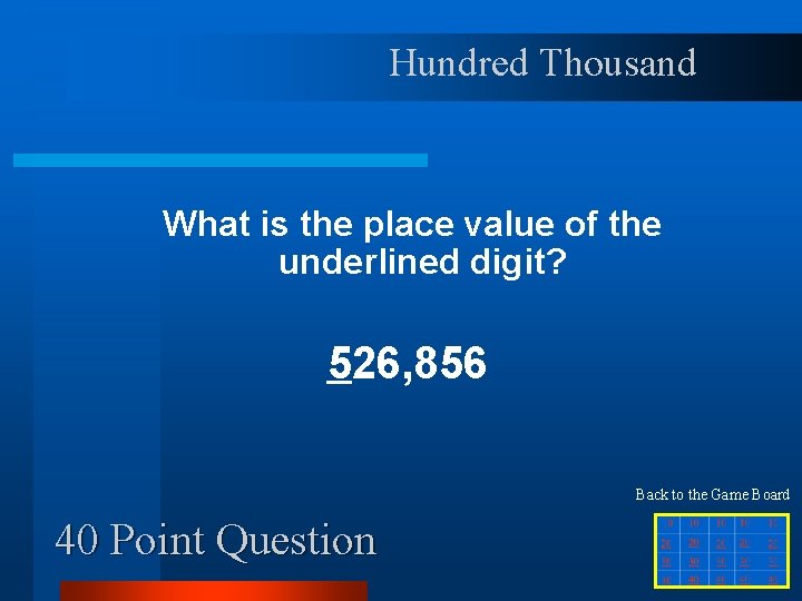 Hundred Thousand What is the place value of the underlined digit? 526, 856 Back