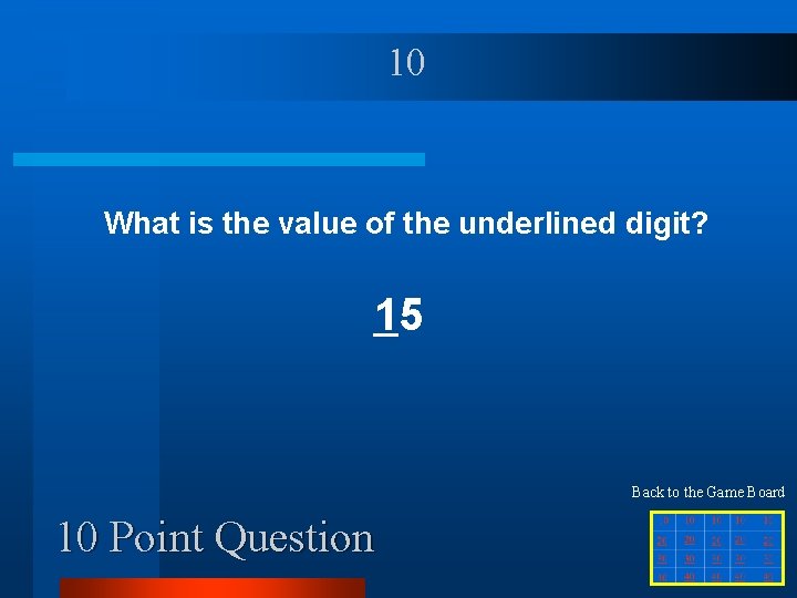 10 What is the value of the underlined digit? 15 Back to the Game