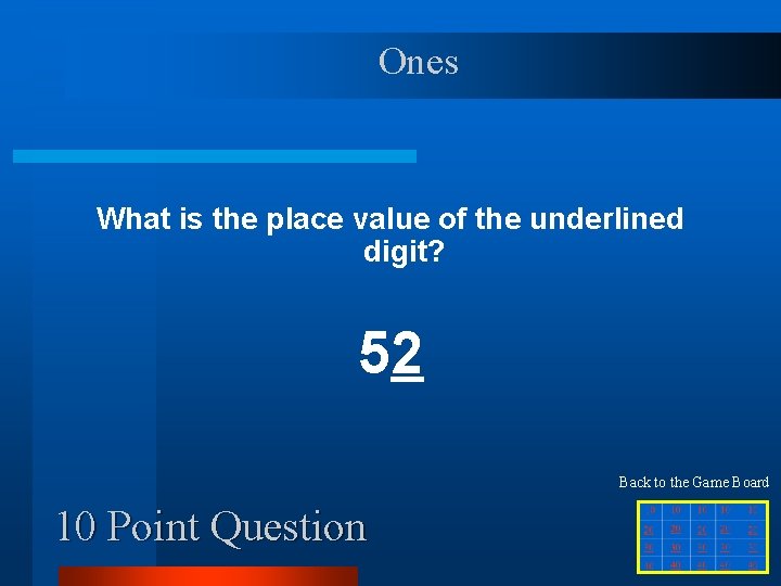 Ones What is the place value of the underlined digit? 52 Back to the