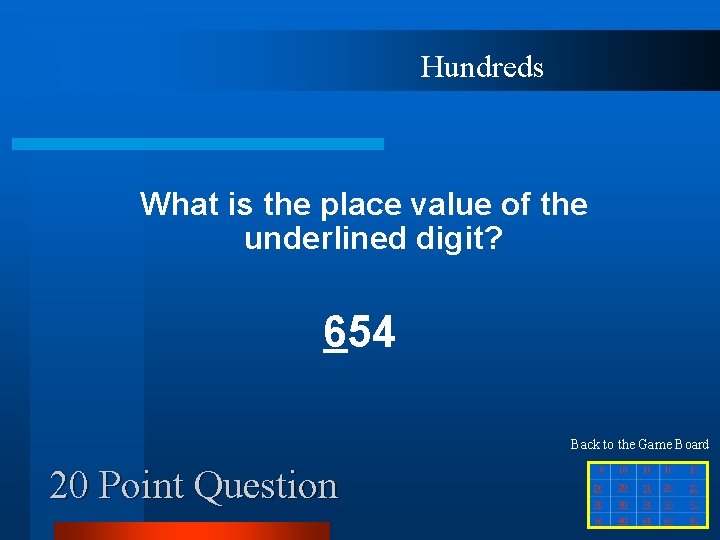 Hundreds What is the place value of the underlined digit? 654 Back to the