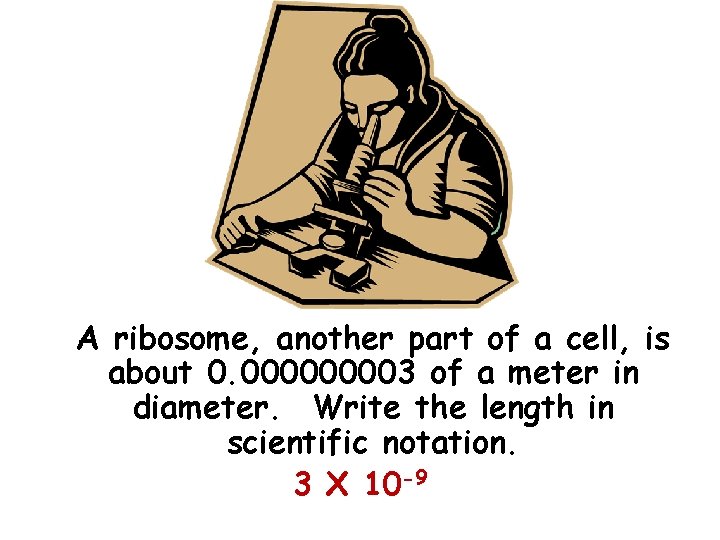 A ribosome, another part of a cell, is about 0. 00003 of a meter