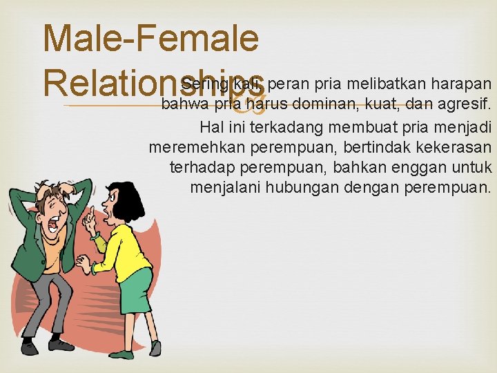 Male-Female Sering kali, peran pria melibatkan harapan Relationships bahwa pria harus dominan, kuat, dan