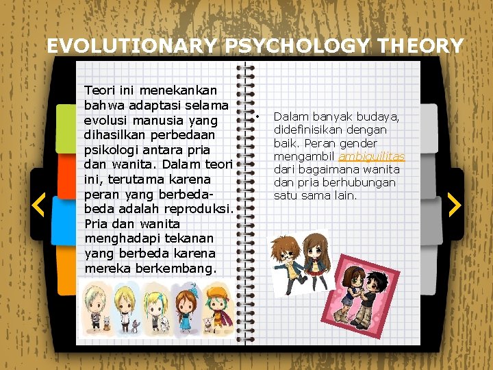 EVOLUTIONARY PSYCHOLOGY THEORY Teori ini menekankan bahwa adaptasi selama evolusi manusia yang dihasilkan perbedaan