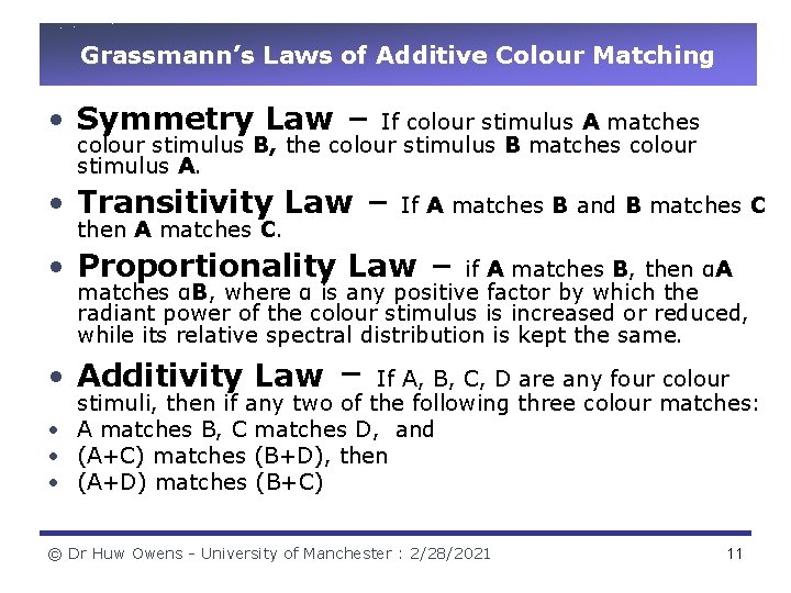 Grassmann’s Laws of Additive Colour Matching • Symmetry Law – If colour stimulus A