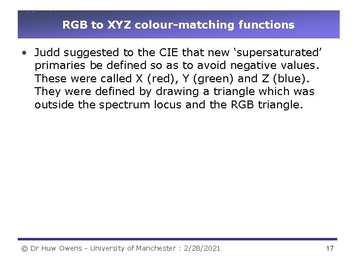 RGB to XYZ colour-matching functions • Judd suggested to the CIE that new ‘supersaturated’