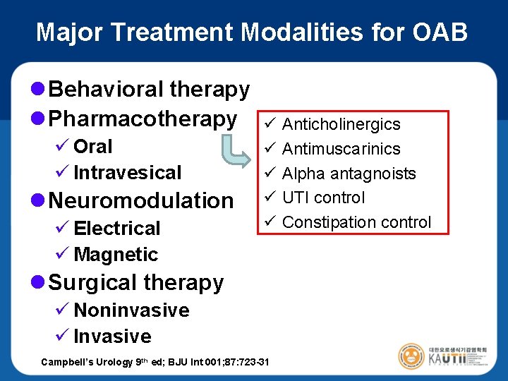 Major Treatment Modalities for OAB l Behavioral therapy l Pharmacotherapy ü Oral ü Intravesical