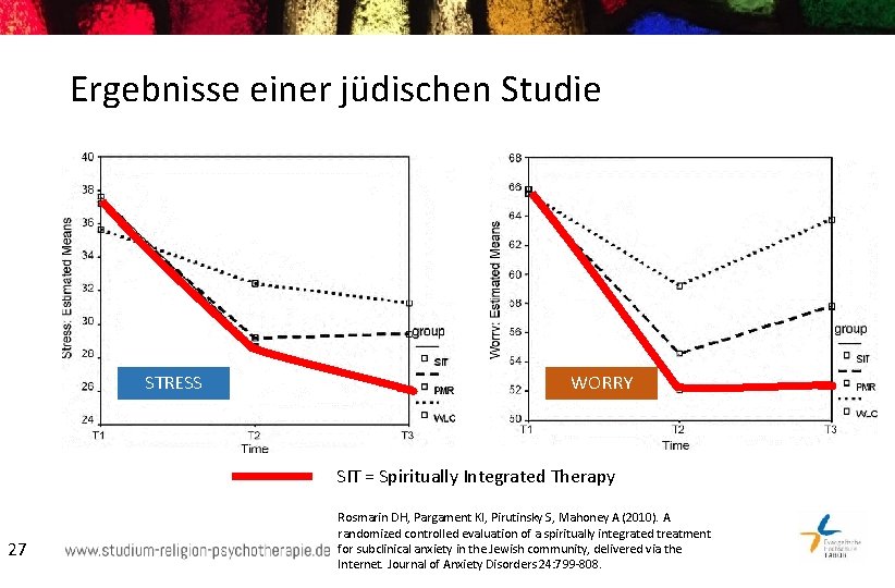 Ergebnisse einer jüdischen Studie STRESS WORRY SIT = Spiritually Integrated Therapy 27 Rosmarin DH,