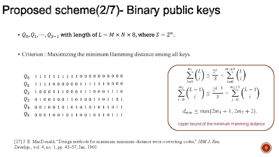 § Upper bound of the minimum Hamming distance [27] J. E. Mac. Donald, “Design
