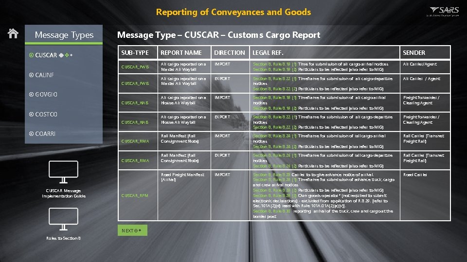 Reporting of Conveyances and Goods Message Types CUSCAR Message Type – CUSCAR – Customs
