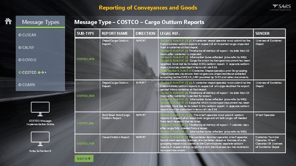 Reporting of Conveyances and Goods Message Types CUSCAR Message Type – COSTCO – Cargo