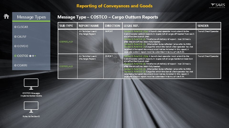 Reporting of Conveyances and Goods Message Types CUSCAR Message Type – COSTCO – Cargo