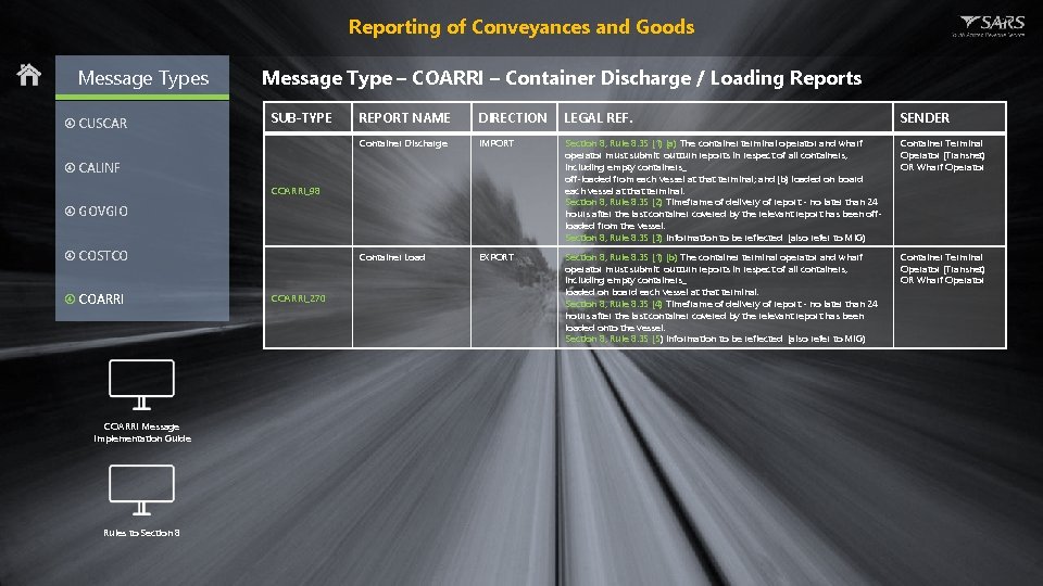 Reporting of Conveyances and Goods Message Types CUSCAR Message Type – COARRI – Container