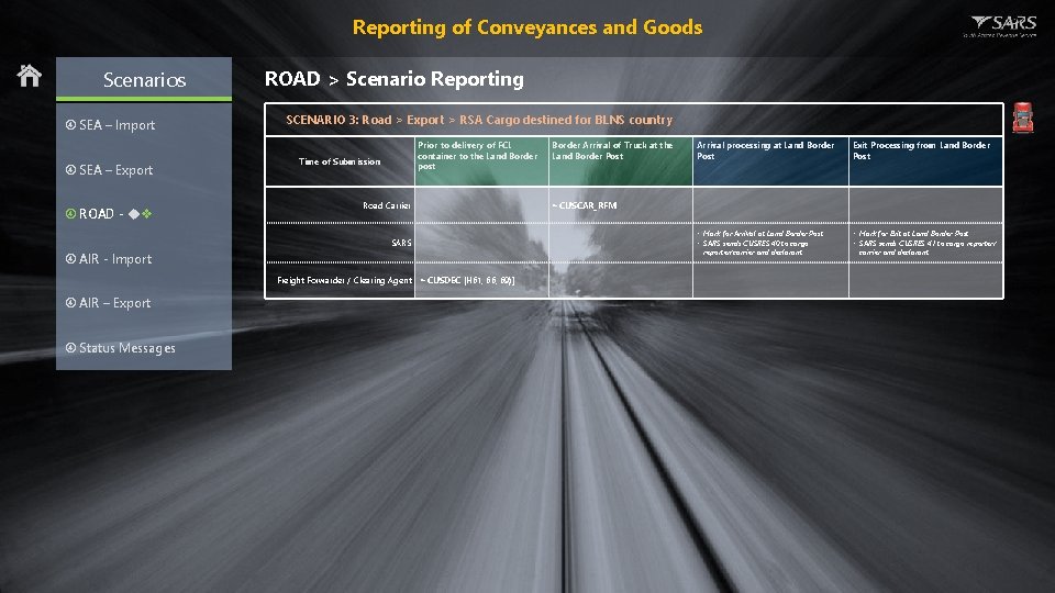 Reporting of Conveyances and Goods Scenarios SEA – Import SEA – Export ROAD -