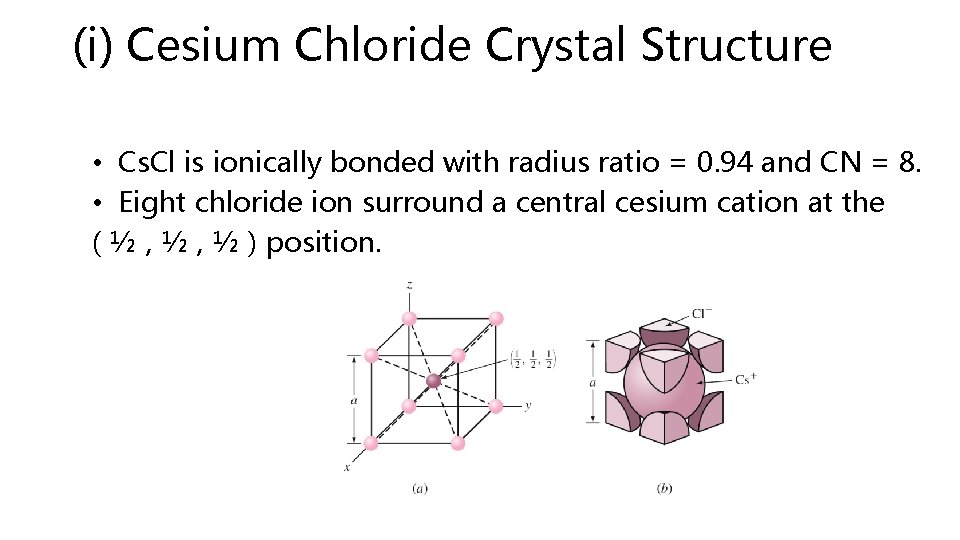 (i) Cesium Chloride Crystal Structure • Cs. Cl is ionically bonded with radius ratio