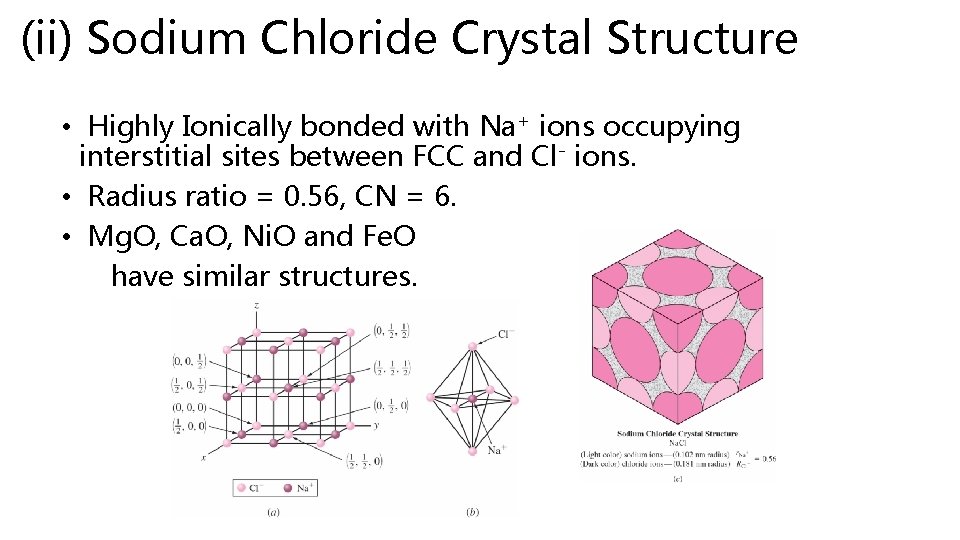 (ii) Sodium Chloride Crystal Structure • Highly Ionically bonded with Na+ ions occupying interstitial