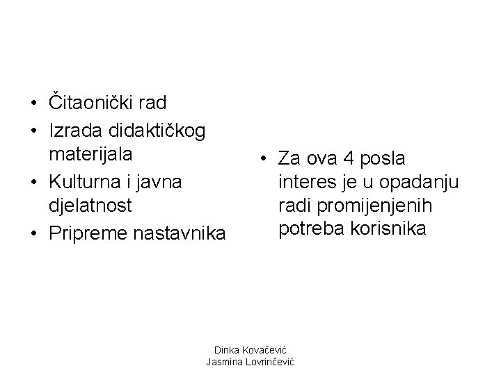  • Čitaonički rad • Izrada didaktičkog materijala • Kulturna i javna djelatnost •