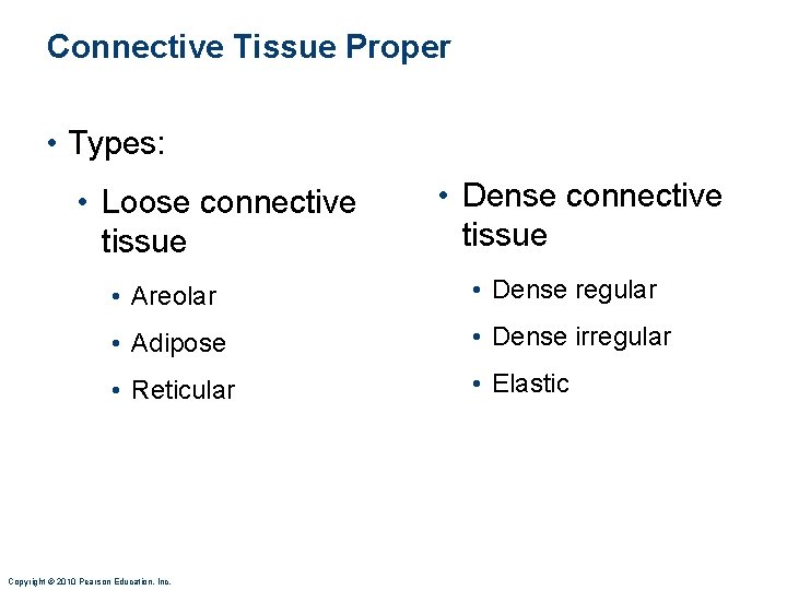 Connective Tissue Proper • Types: • Loose connective tissue • Dense connective tissue • Connective Tissue Proper • Types: • Loose connective tissue • Dense connective tissue •