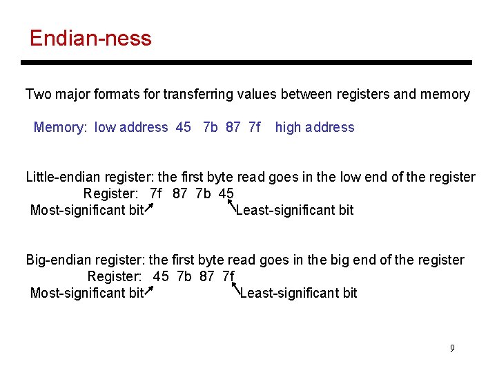 Endian-ness Two major formats for transferring values between registers and memory Memory: low address