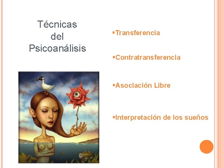 Técnicas del Psicoanálisis §Transferencia §Contratransferencia §Asociación Libre §Interpretación de los sueños 