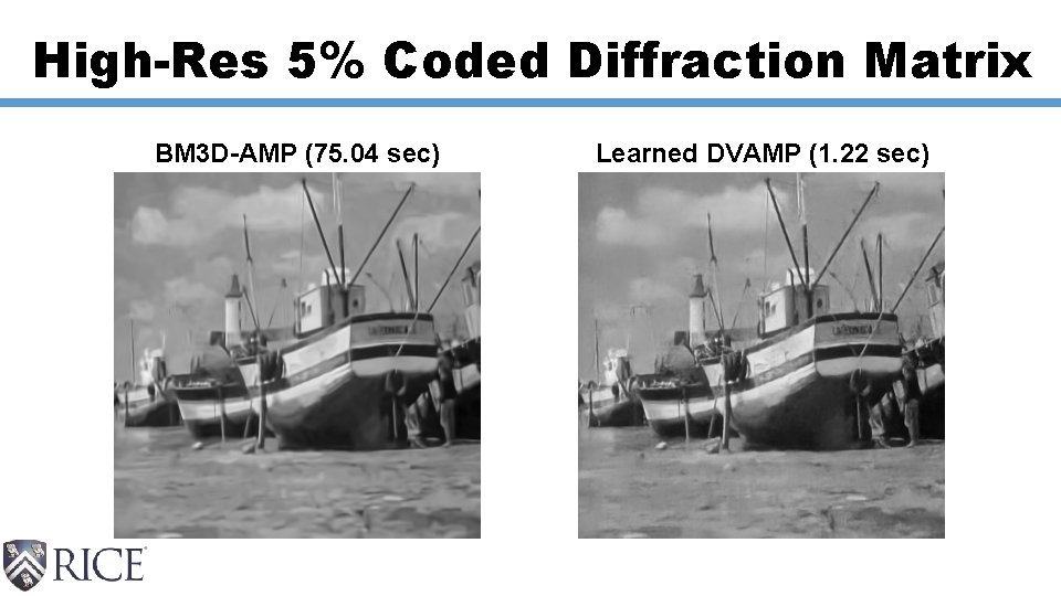 High-Res 5% Coded Diffraction Matrix BM 3 D-AMP (75. 04 sec) Learned DVAMP (1.