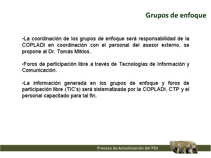 Grupos de enfoque • La coordinación de los grupos de enfoque será responsabilidad de