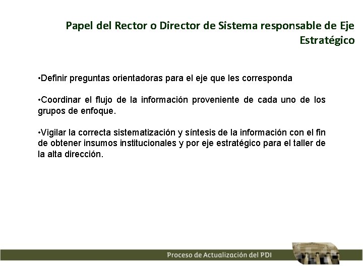 Papel del Rector o Director de Sistema responsable de Eje Estratégico • Definir preguntas Papel del Rector o Director de Sistema responsable de Eje Estratégico • Definir preguntas