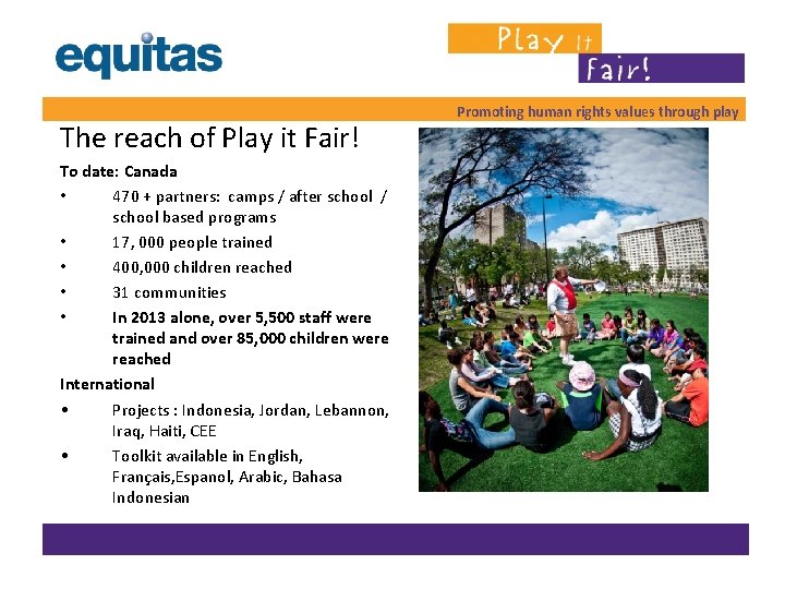 The reach of Play it Fair! To date: Canada • 470 + partners: camps The reach of Play it Fair! To date: Canada • 470 + partners: camps