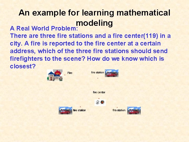 An example for learning mathematical modeling A Real World Problem: There are three fire