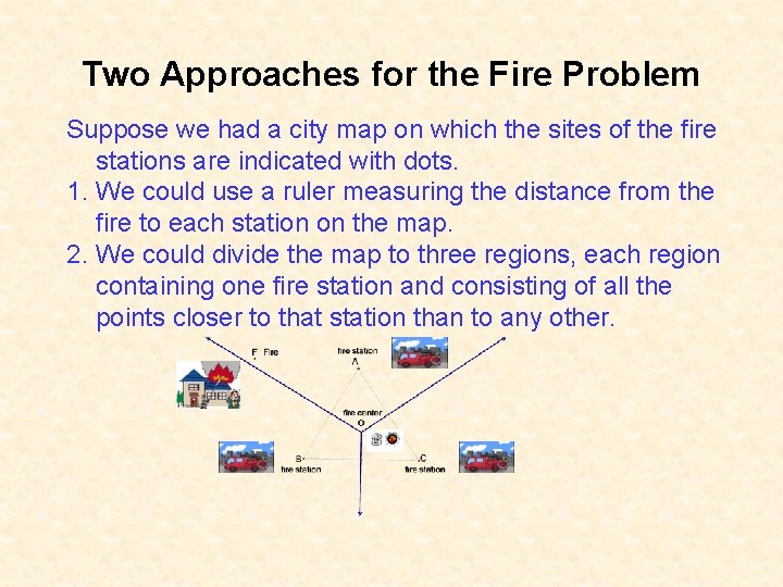 Two Approaches for the Fire Problem Suppose we had a city map on which