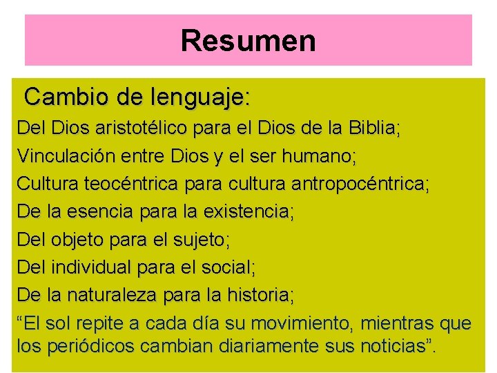 Resumen Cambio de lenguaje: Del Dios aristotélico para el Dios de la Biblia; Vinculación