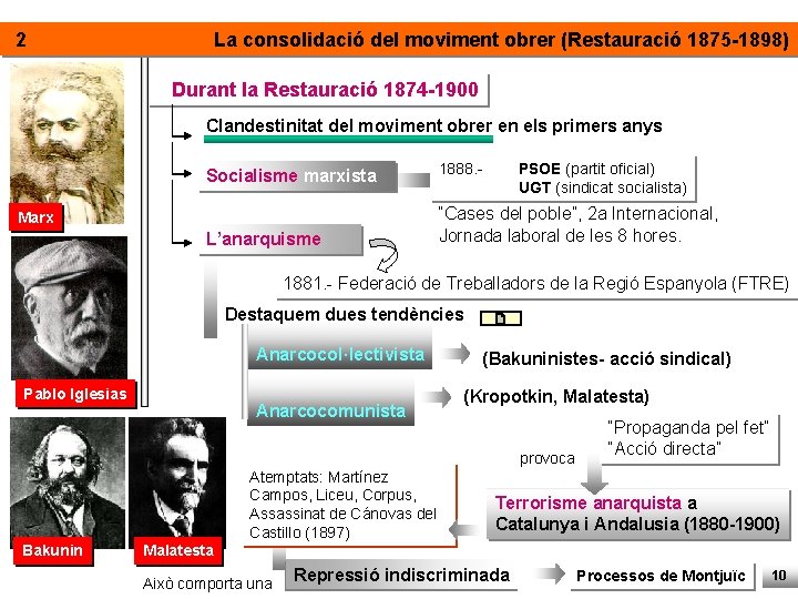 2 La consolidació del moviment obrer (Restauració 1875 -1898) Durant la Restauració 1874 -1900 2 La consolidació del moviment obrer (Restauració 1875 -1898) Durant la Restauració 1874 -1900