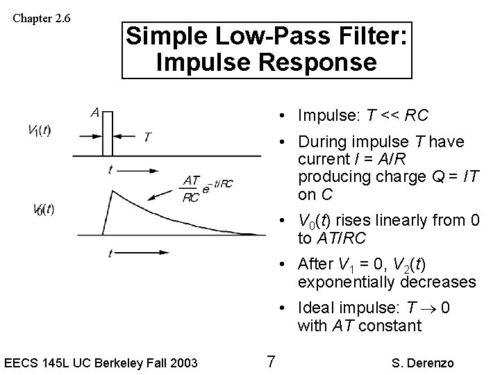Chapter 2. 6 Simple Low-Pass Filter: Impulse Response • Impulse: T << RC •