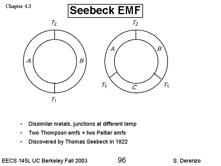 Chapter 4. 3 Seebeck EMF • Dissimilar metals, junctions at different temp • Two