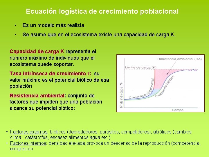 Ecuación logística de crecimiento poblacional • Es un modelo más realista. • Se asume Ecuación logística de crecimiento poblacional • Es un modelo más realista. • Se asume