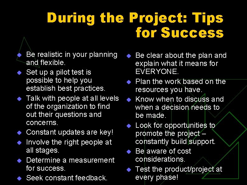 During the Project: Tips for Success u u u u Be realistic in your