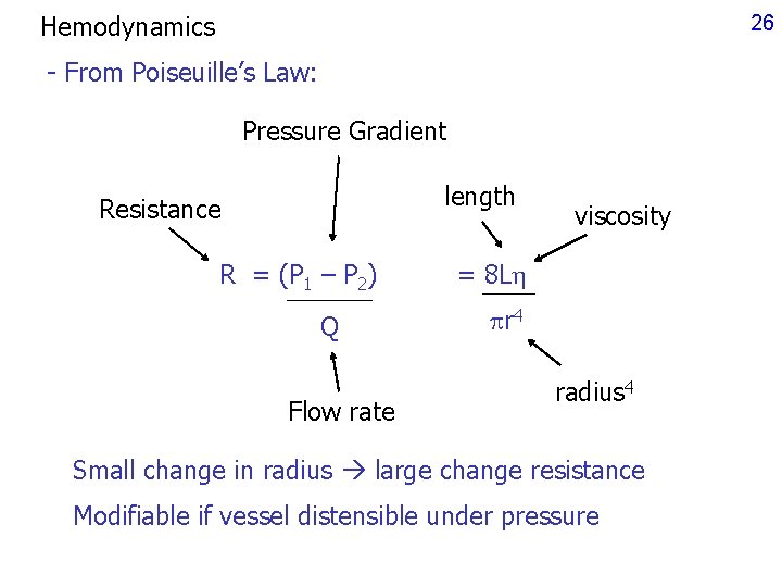 Hemodynamics 26 - From Poiseuille’s Law: Pressure Gradient length Resistance R = (P 1 Hemodynamics 26 - From Poiseuille’s Law: Pressure Gradient length Resistance R = (P 1