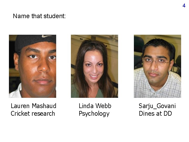 4 Name that student: Lauren Mashaud Cricket research Linda Webb Psychology Sarju_Govani Dines at 4 Name that student: Lauren Mashaud Cricket research Linda Webb Psychology Sarju_Govani Dines at