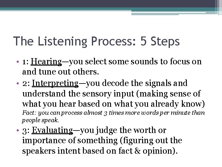 The Listening Process: 5 Steps • 1: Hearing—you select some sounds to focus on