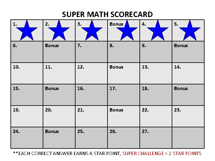 SUPER MATH SCORECARD 1. 2. 3. Bonus 4. 5. 6. Bonus 7. 8. 9.