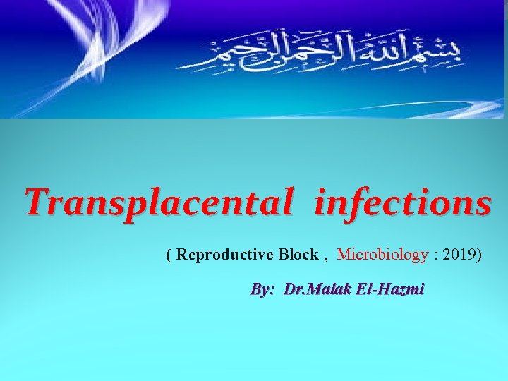 Transplacental infections ( Reproductive Block , Microbiology : 2019) By: Dr. Malak El-Hazmi 