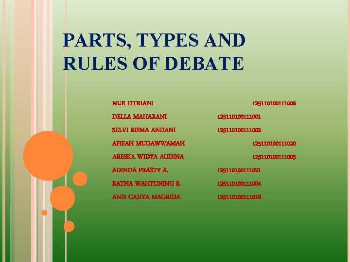PARTS, TYPES AND RULES OF DEBATE NUR FITRIANI 125110100111006 DELLA MAHARANI 125110100111001 SELVI RISMA