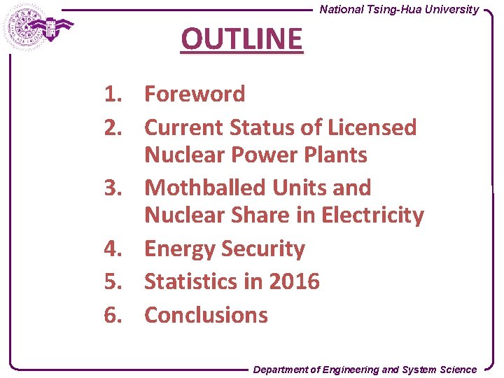 National Tsing-Hua University OUTLINE 1. Foreword 2. Current Status of Licensed Nuclear Power Plants