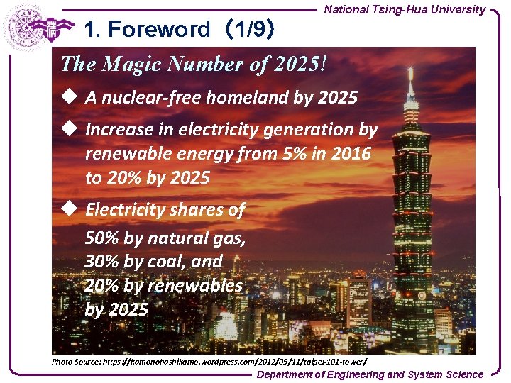 National Tsing-Hua University 1. Foreword（1/9） The Magic Number of 2025! u A nuclear-free homeland