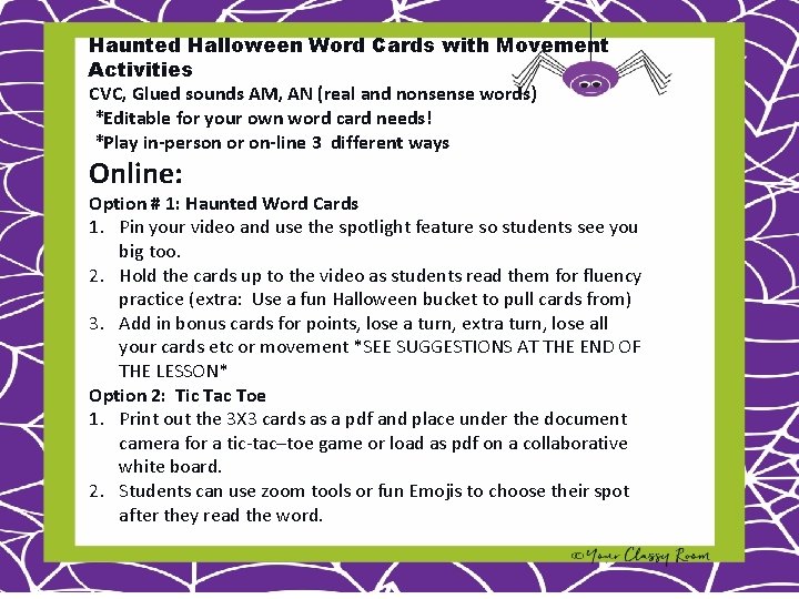 Haunted Halloween Word Cards with Movement Activities CVC, Glued sounds AM, AN (real and